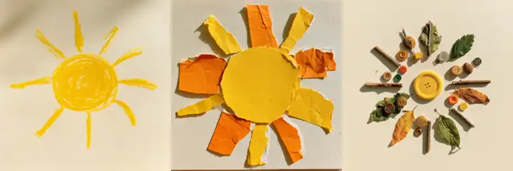 Three sun examples: crayon, torn paper, and leaves and seeds.